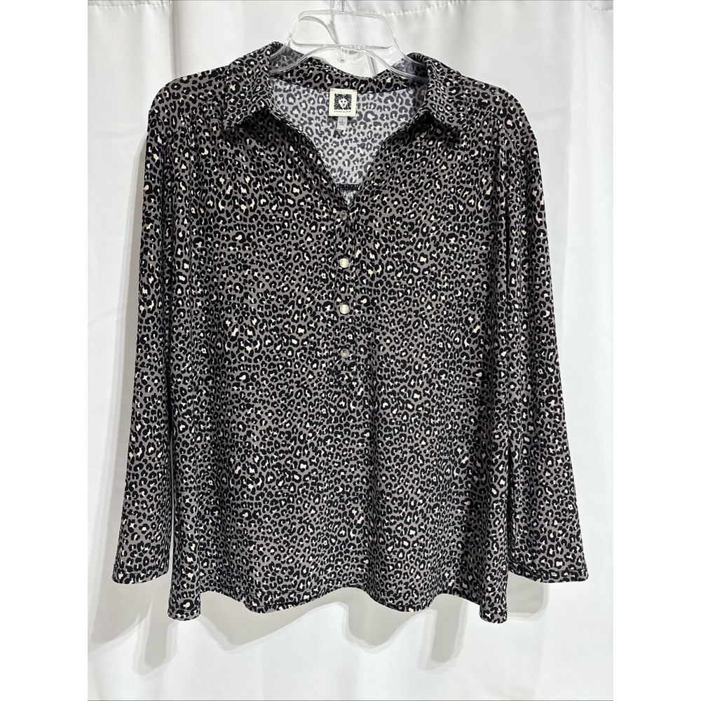 Anne Klein Shirt Women L Black‎ Animal Print Button Up Collared Long Sleeve